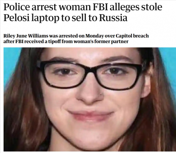 영국 매체 '더 가디언'은 19일(현지시간) 낸시 펠로시 미 하원의장의 노트북을 훔쳐서 러시아 정보기관에 팔려고 한 여성이 체포됐다고 보도했다. (사진=가디언 보도 화면 캡처) copyright 데일리중앙