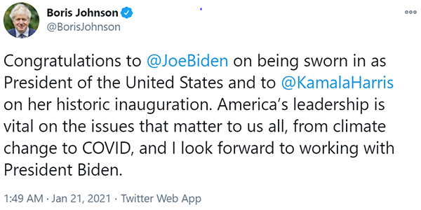 보리스 존슨 영국 총리는 21일 자신의 트위터를 통해 조 바이든 미국 대통령과 카말라 해리스 부통령 취임을 축하하는 메시지를 전했다. (자료=보리스 존슨 트위터 캡처)copyright 데일리중앙