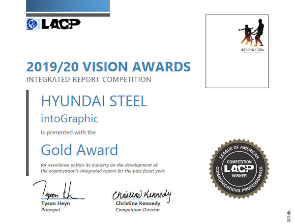현대제철 2020 통합보고서 'Beyond Steel'이 미국 LACP 비전 어워즈에서 금상을 수상했다. (자료=현대제철)copyright 데일리중앙