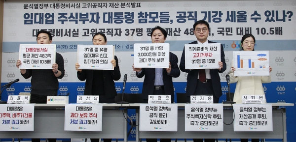 경실련은 14일 경실련 강당에서 기자회견을 열어 대통령비서실 고위공직자 37명의 보유 재산을 분석·발표했다. 분석 대상 37명의 평균 재산이 48억원으로 국민 평균의 10.5배에 이르고 그중 14명은 임대채무를 신고해 스스로 임대업을 하고 있음을 밝혔다. (사진=경실련)copyright 데일리중앙