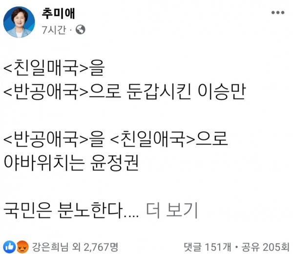 추미애 전 법무부장관은 9일 윤석열 정권을 향해 "반공애국을 친일애국으로 야바위치고 있다"고 맹비난했다. (사진=추미애 페이스북 화면 캡처)copyright 데일리중앙