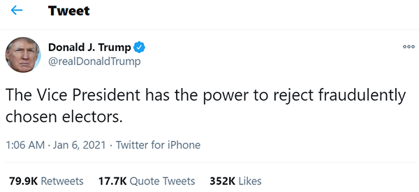 트럼프 미국 대통령이 6일 새벽(현지시간) 트위터에 글을 올려 마이크 펜스 부통령에게 "부통령은 부정하게 선출된 선거인단을 거부할 수 있는 권한이 있다"며 재선 실패를 뒤집으라고 종용했다.copyright 데일리중앙