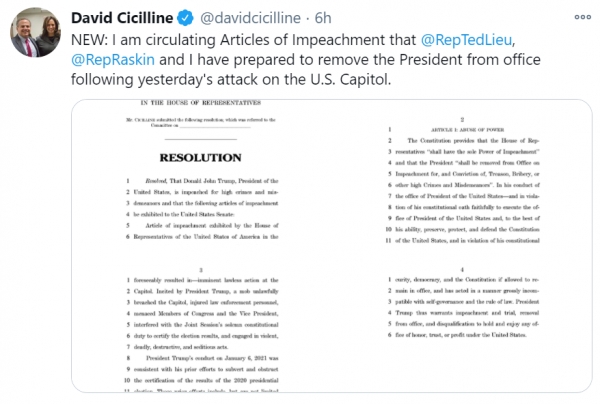 미국 민주당 데이비드 시실린 의원은 최근 트위터에 캘리포니아 하원의원 테드 리우와 메릴랜드 하원의원 제이미 래스킨과 함께 작성한 트럼프 탄핵소추안을 공개했다.copyright 데일리중앙